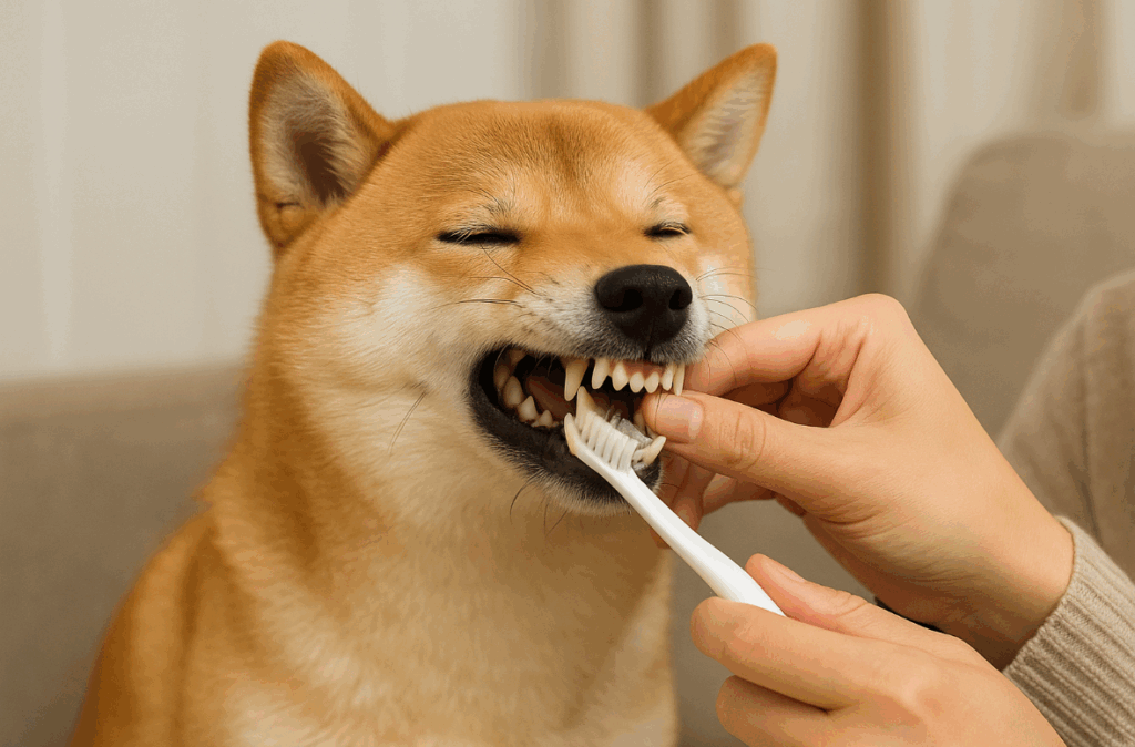 歯磨きされる柴犬
